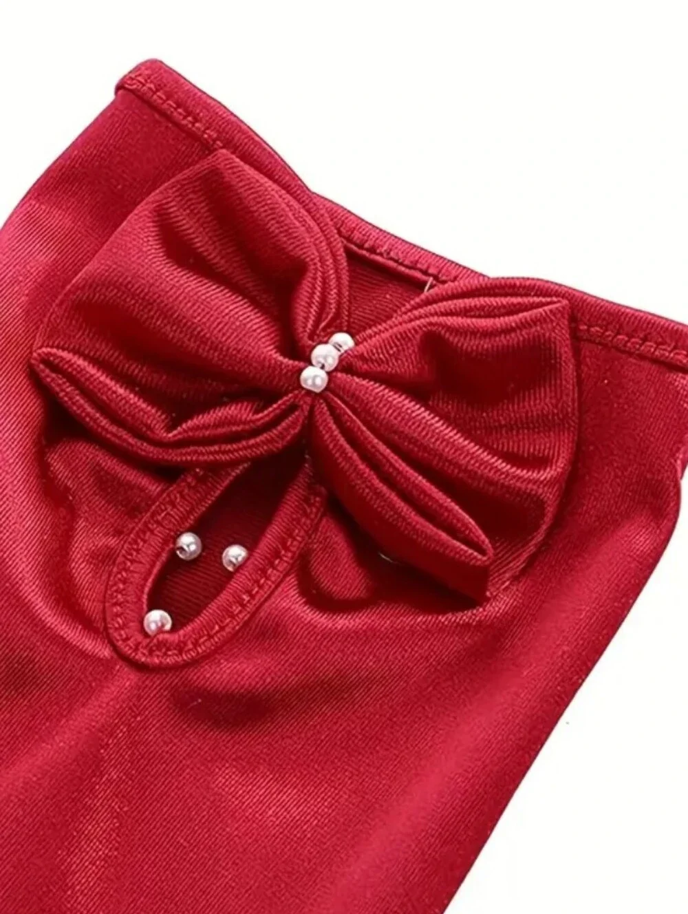 Elegant Red Satin Short Wrist Length Evening Gloves W/Bow & Faux Pearl Detail